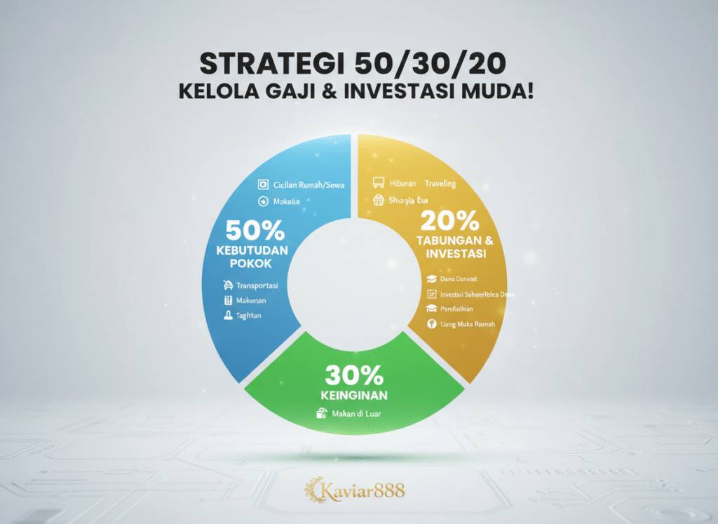 Infografis Strategi 50/30/20 Kelola Gaji & Investasi Muda. Grafik lingkaran dibagi 50% Kebutuhan Pokok (Biru), 30% Keinginan (Hijau), dan 20% Tabungan & Investasi (Kuning). Logo Kaviar888 berada di bagian bawah