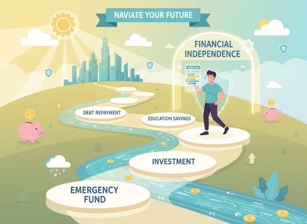 "Ilustrasi Peta Jalan Kemerdekaan Finansial (Financial Independence). Jalan berkelok menunjukkan langkah-langkah: Emergency Fund, Investment, Education Savings, dan Debt Repayment, menuju ke kota modern di bawah sinar matahari. Teks di atas: NAVIATE YOUR FUTURE."
