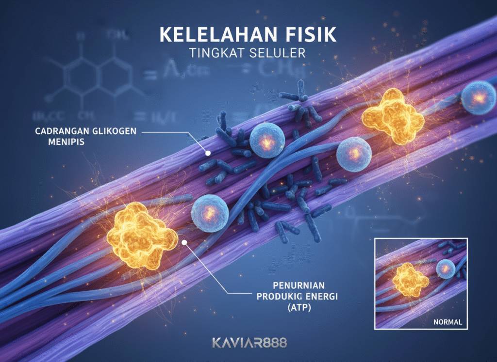 Ilustrasi Kelelahan Fisik Tingkat Seluler. Tampilan mikroskopis serat otot menunjukkan dua faktor: Cadangan Glikogen Menipis dan Penurunan Produksi Energi (ATP) oleh mitokondria. Sudut kanan bawah menunjukkan perbandingan keadaan Normal.