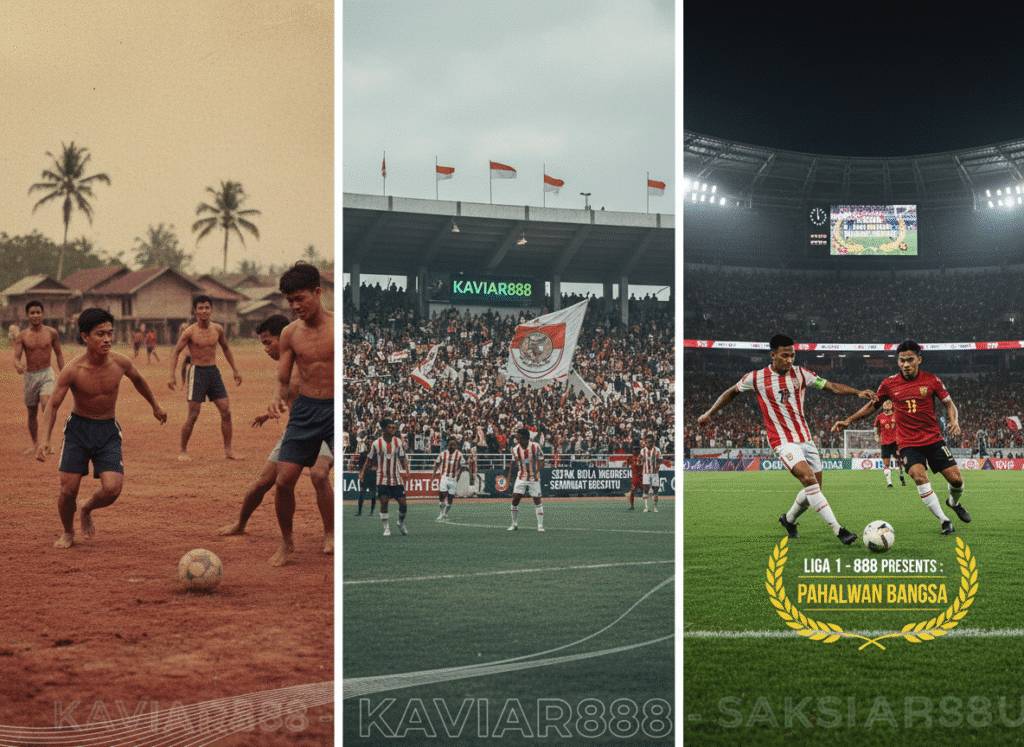 Kolase tiga foto vertikal sepak bola bertema 'Pahlawan Bangsa'. Kiri: anak-anak bermain bola di lapangan tanah (vintage). Tengah: Pemain timnas memasuki stadion dengan bendera Indonesia. Kanan: Pemain modern di stadion malam hari dengan logo KAVIAR888.