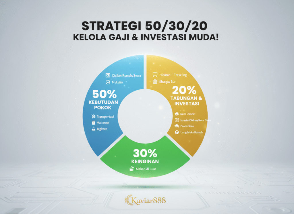 Infografis Strategi 50/30/20 Kelola Gaji & Investasi Muda. Grafik lingkaran dibagi 50% Kebutuhan Pokok (Biru), 30% Keinginan (Hijau), dan 20% Tabungan & Investasi (Kuning). Logo Kaviar888 berada di bagian bawah