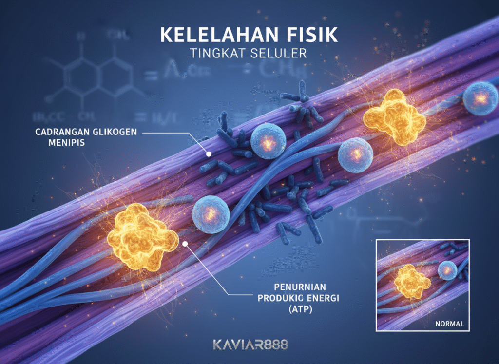 Ilustrasi Kelelahan Fisik Tingkat Seluler. Tampilan mikroskopis serat otot menunjukkan dua faktor: Cadangan Glikogen Menipis dan Penurunan Produksi Energi (ATP) oleh mitokondria. Sudut kanan bawah menunjukkan perbandingan keadaan Normal.