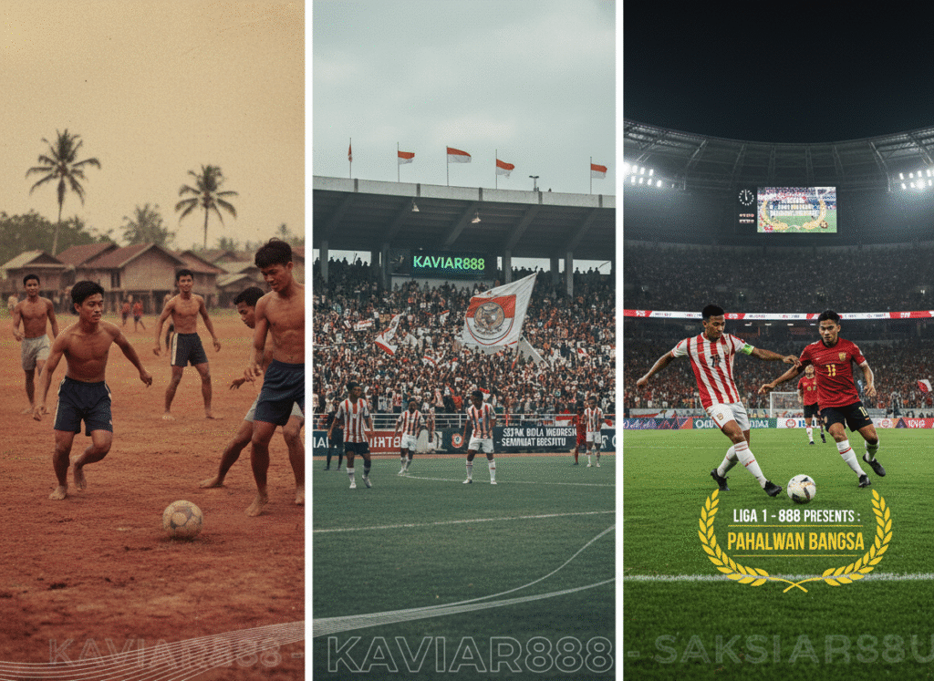 Kolase tiga foto vertikal sepak bola bertema 'Pahlawan Bangsa'. Kiri: anak-anak bermain bola di lapangan tanah (vintage). Tengah: Pemain timnas memasuki stadion dengan bendera Indonesia. Kanan: Pemain modern di stadion malam hari dengan logo KAVIAR888.